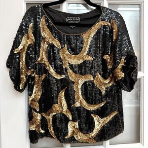 Vintage Jean For Joseph Le Bon 100% Silk Gold Black Sequined Blouse Size S